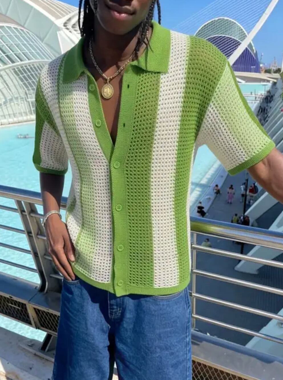 Men's Green White Open Knit Cardigan Sweater Top Summer Cruise Beach XL